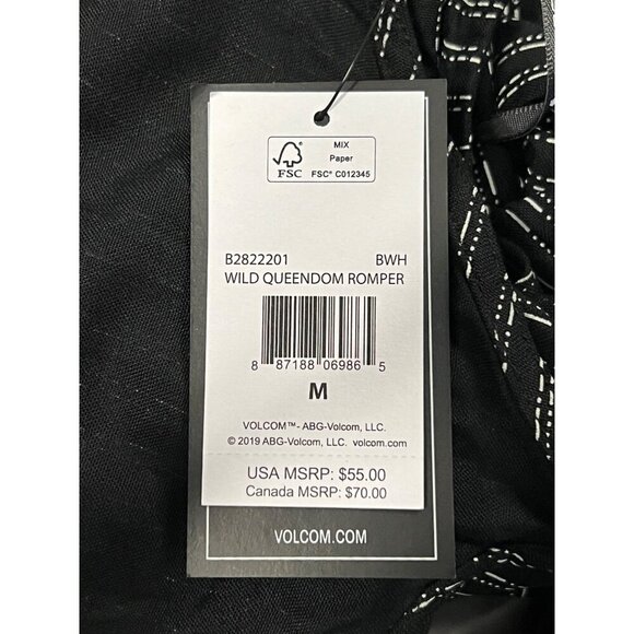 Volcom Women Size Medium M Wild Queendom Black White Striped Romper V-Neck New - Picture 6 of 8
